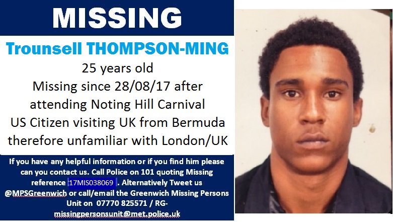 MPSGreenwich's tweet photo. Please help locate #missing Trounsell Thompson-Ming. Visitor from #Bermuda. Last seen at #NottingHillCarnival on 28/08/17. https://t.co/zc2F2J3DGt