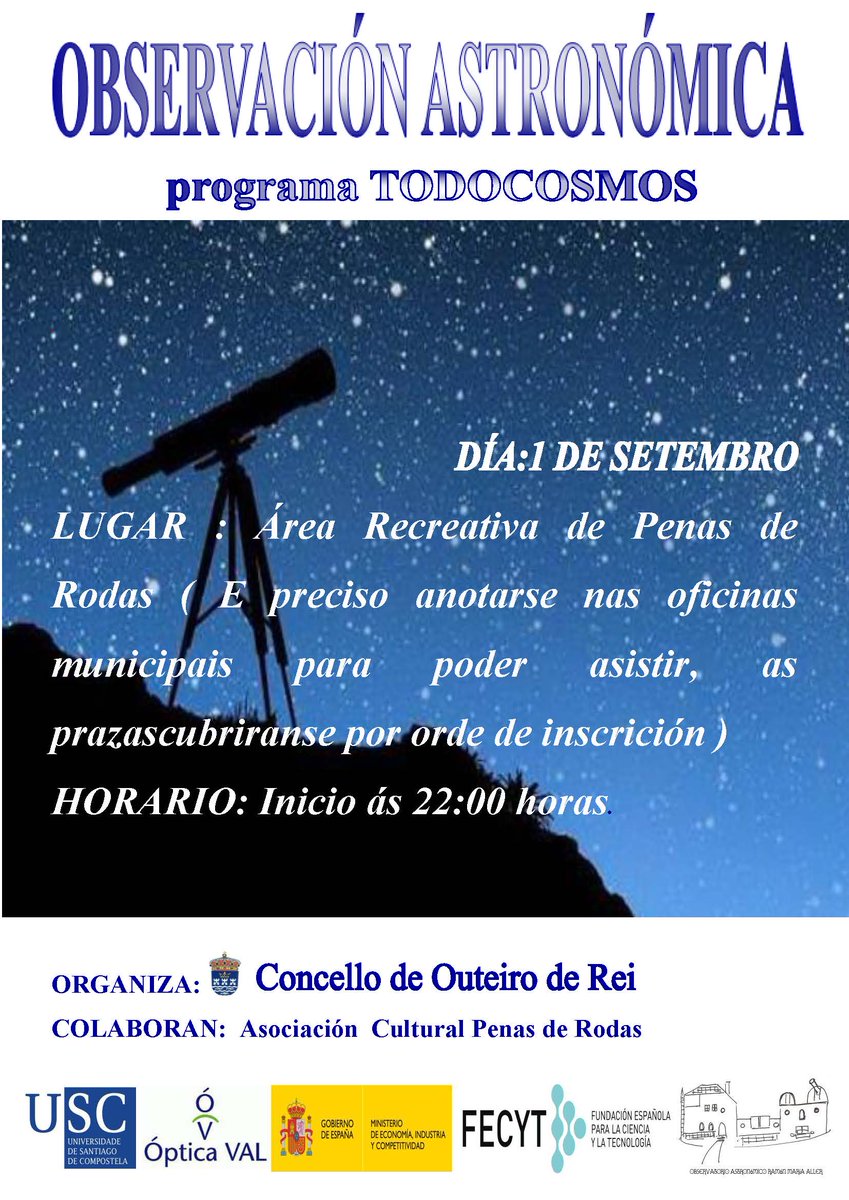 UniversidadeUSC's tweet photo. #Todocosmos O proxecto do Observatorio Astronómico da @UniversidadeUSC desenvolve este venres dúas sesións en Outeiro de Rei e Ribadeo https://t.co/t5XzK7gbqI