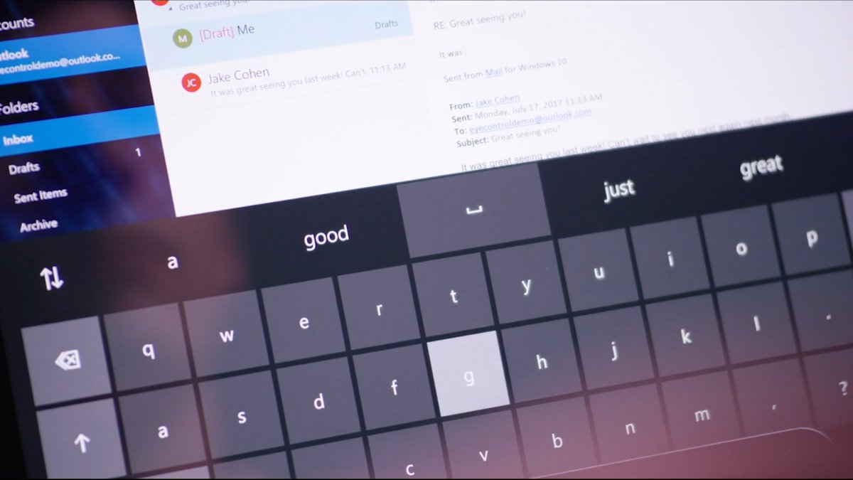 Windows's tweet photo. #Windows10 Fall Creators Update brings Eye Control, an eye-tracking feature that lets you type &amp; use a mouse with just your eyes. #IFA2017 https://t.co/yFhAdPQygP