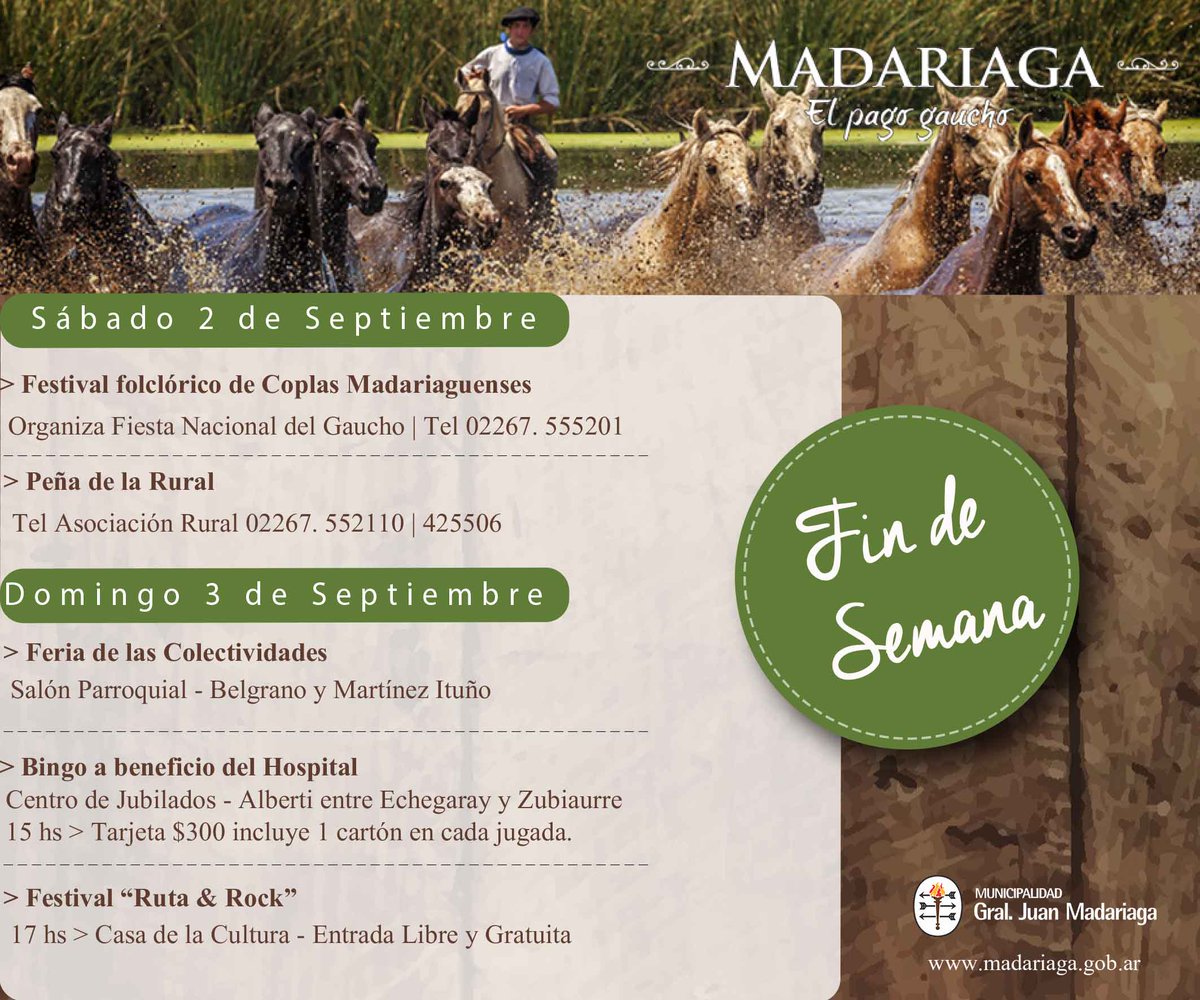 MadariagaTur's tweet photo. Compartimos con nuestros amigos las actividades para este finde en El pago Gaucho. Los esperamos!!! #DESTINOMADARIAGA https://t.co/X7iGW2gqmG