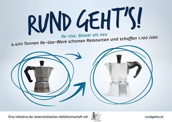 reuseaustria's tweet photo. Rund Geht's! Sujet für Re-Use ist da! https://t.co/Rsoz5DjHhL ist eine Initiative der österreichischen Abfallwirtschaft, auch mit #RepaNet https://t.co/aaDVu0hEmg