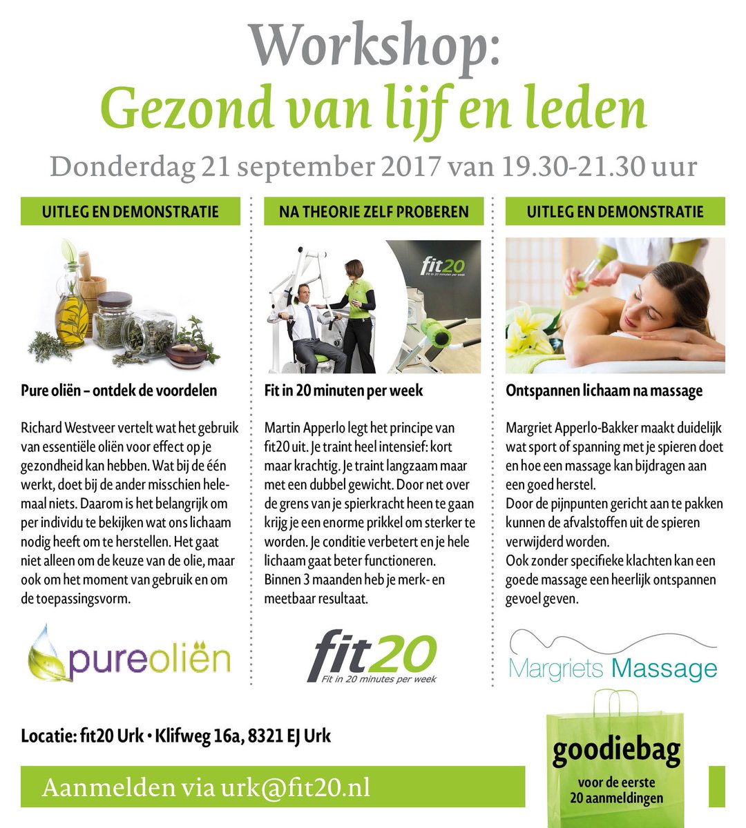 21 sept een informatieavond: Gezond van lijf en leden. In samenwerking met Fit20 Urk en Pure Oliën!