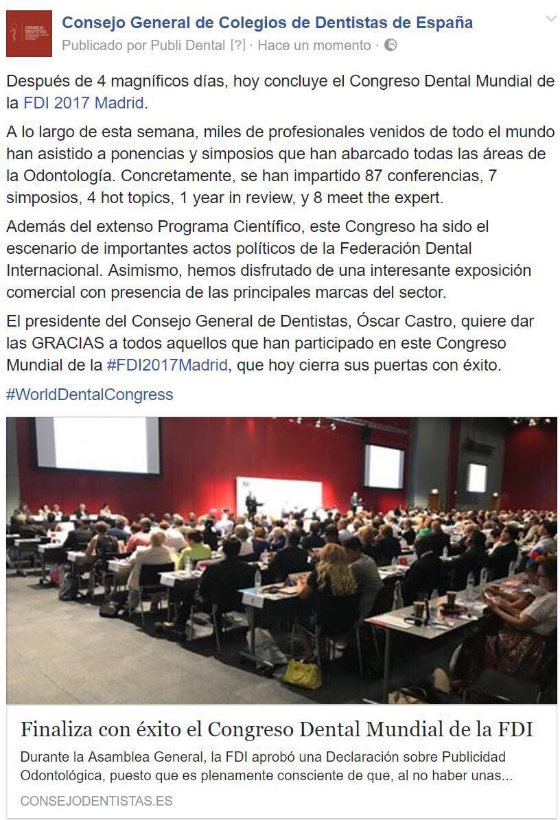COECdentista's tweet photo. ➡ Concluye con éxito el Congreso Dental Mundial de la FDI.
#FDI2017Madrid #WorldDentalCongress
Lo mejor: la visita de la Ministra @DolorsMM https://t.co/UGsK5JBZ1X