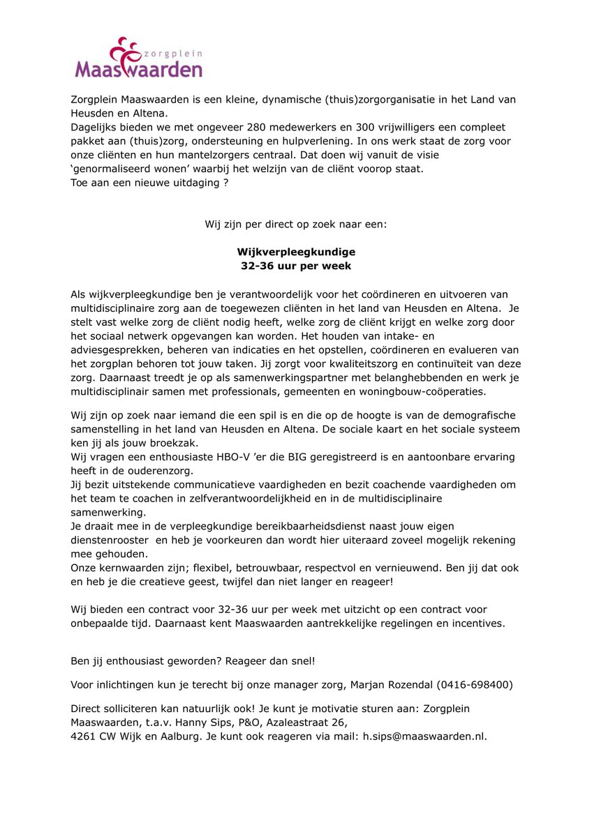 Ben of ken jij onze nieuwe wijkverpleegkundige? Reageer erop of deel de vacature!
#wijkverpleging#aalburg#vacature#zorg#uitdaging