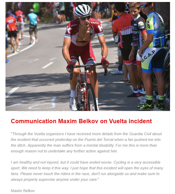 VeloUK's tweet image. Press release from @katushacycling just in on the unpleasant incident in the Vuelta yesterday when a rider was pushed into a ditch
