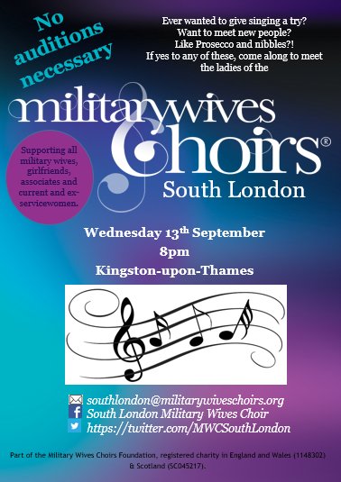 Meet the ladies <a href="/MWCSouthLondon/">South London Military Wives Choir</a> on 13th Sept in #Kingston. A choir supporting all military wives, associates, current and ex-servicewomen.