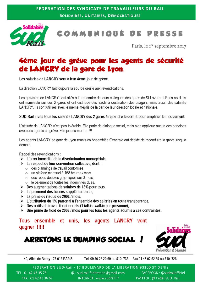 Fede_SUD_Rail's tweet photo. CdP #SudRail
4ème jour de #greve pour les agents de sécurité de #Lancry de la #garedelyon
Ensemble et unis, les agents LANCRY vont #gagner ! https://t.co/Ce86tP5Bw2