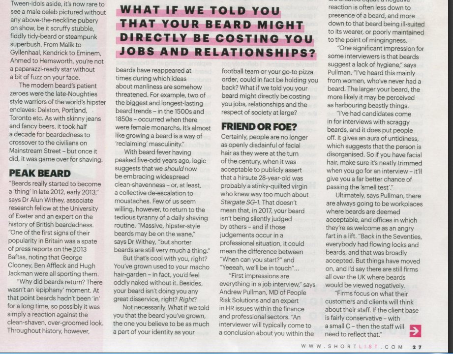 Great to see <a href="/DrAlun/">Alun Withey</a> in <a href="/ShortList/">ShortList</a> magazine talking about #peakbeard and how men grow facial hair when their masculinity is threatened
