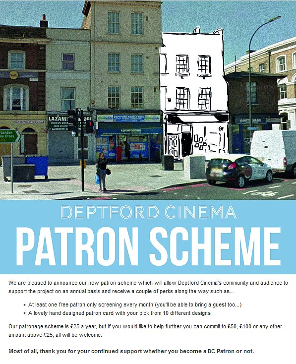 We are pleased to announce our new PATRON SCHEME! For full details please go to deptfordcinema.org/become-a-patro…  Please RT 😀🎇🎆🍸🍾