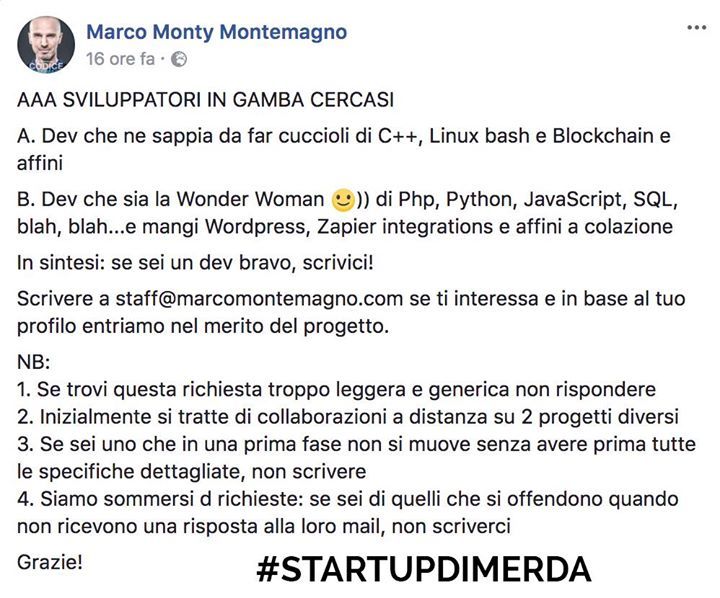 startupdimerda's tweet photo. Chissà in quanti avranno risposto a questo annuncio di Marco Monty Montemagno ;-) #StartupDiMerda #JobOffer{#startup} https://t.co/vUnrHeqMPs