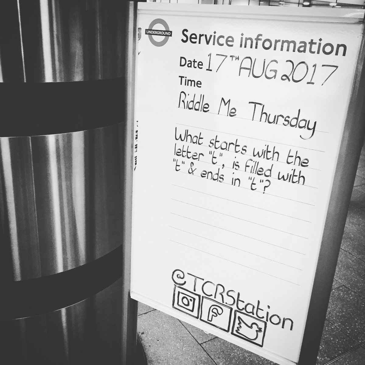 THETCRGUY's tweet photo. PLEASE PRIVATE MESSAGE THE ANSWER #TheTCRGuy #RiddleMeThursday #TubeRiddle #Riddles #TubeStation #TCRStation #Letter #T #Filled #T #Ends #T https://t.co/QdjWks7Lmh