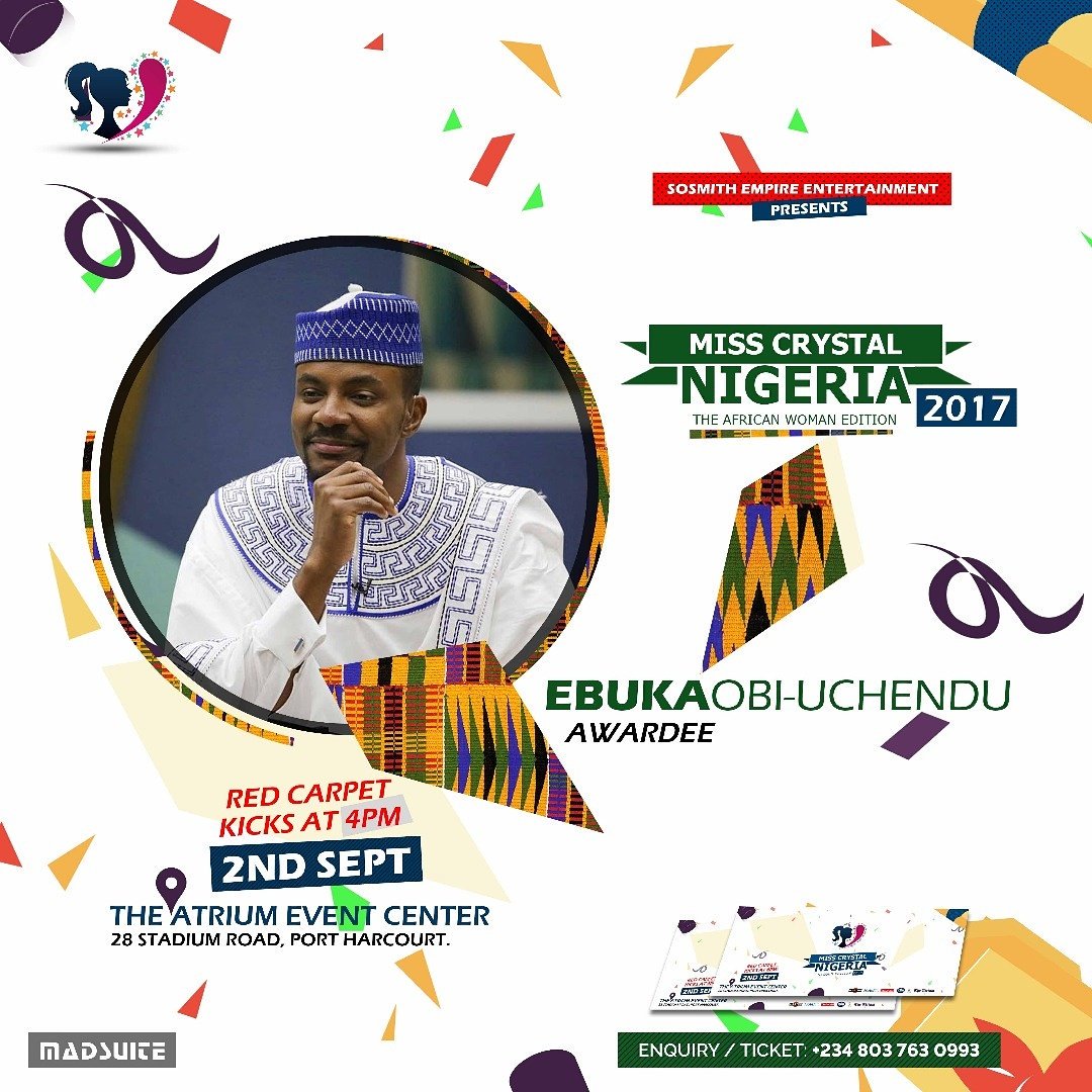 Nextouchone's tweet photo. @Ebuka will be an awardee at the Miss Crystal Nigeria 2017 event at the Atrium Event Center Port Harcourt tomorrow. Be there! #contest https://t.co/tXop8dDWD1