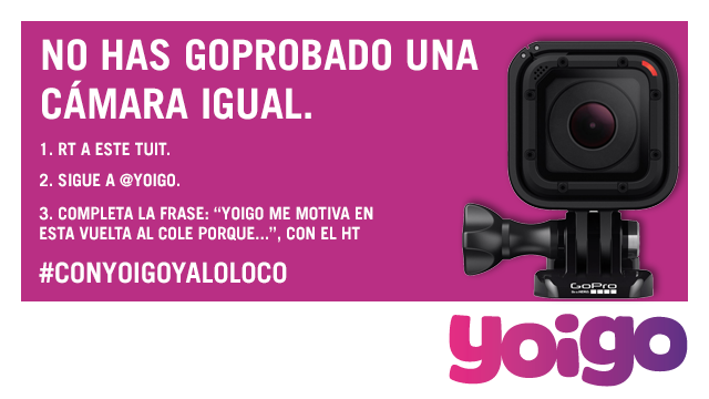 yoigo's tweet photo. 🎁 SORTEO Nº5 🎁 

¡Venga, va, SUBIMOS LA APUESTA! 💪 ¡Que levante la mano quien quiera llevarse esta #GoPro! 📸 📸 📸 

#ConYoigoyALoLoco https://t.co/aEF012GP2w