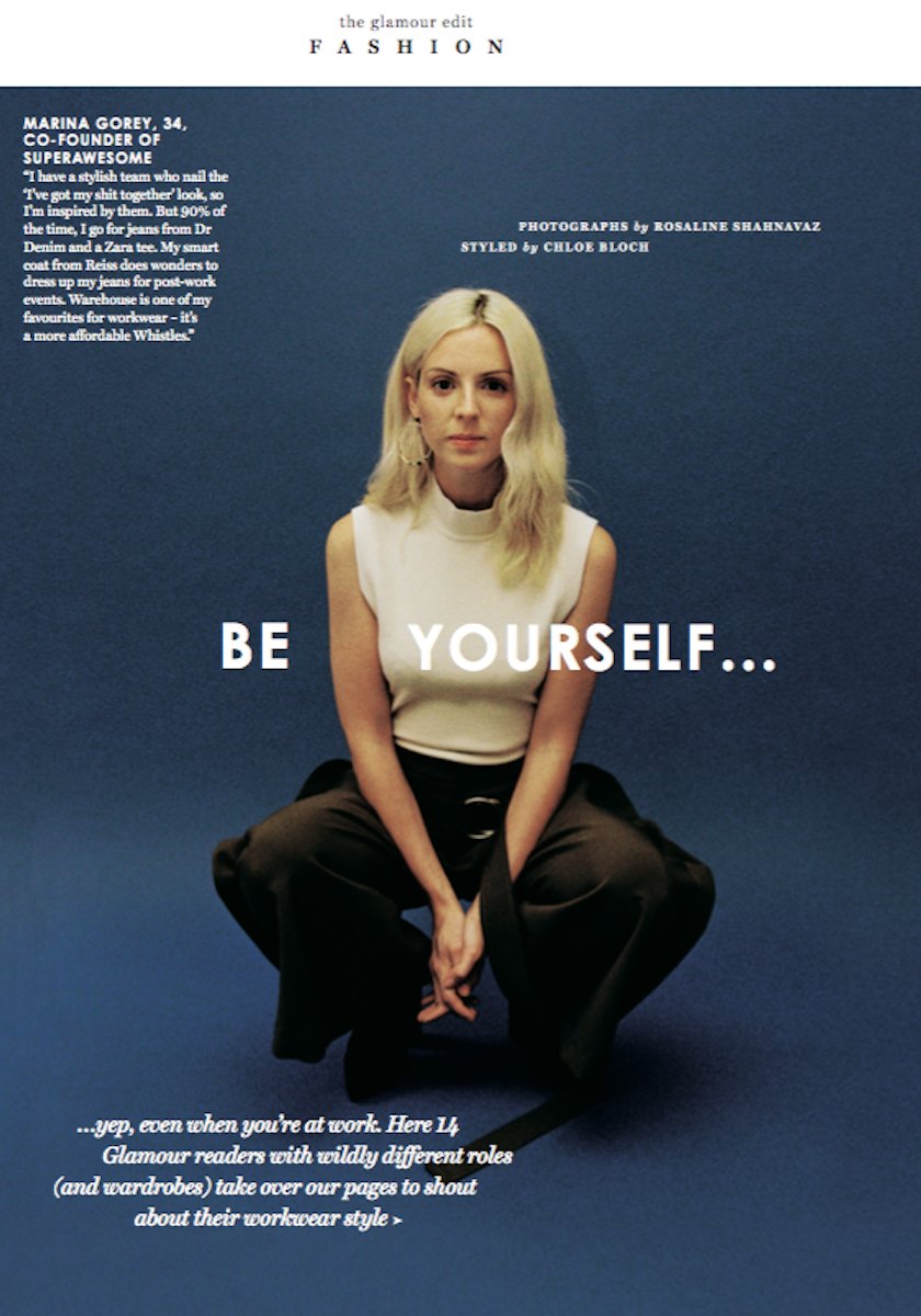 GoSuperAwesome's tweet image. How fierce does @GoSuperAwesome co-founder @MarinaTheGreat_  look in this month&apos;s @GlamourMagUK?! 🙌 #beyourself #worklife #thelook