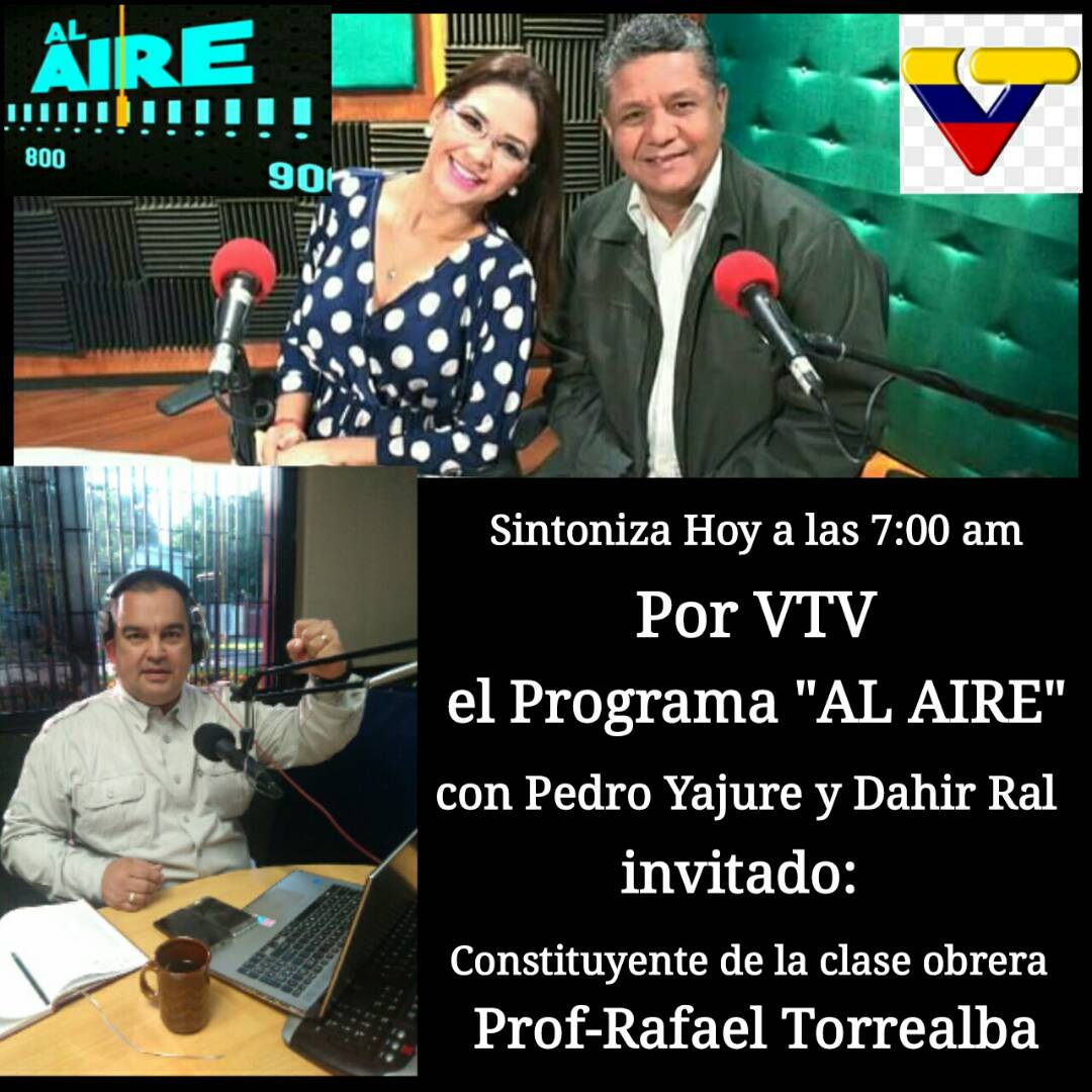 RafaelTorreal16's tweet photo. En Minutos estare en @VTVcanal8 con @RALDAHIR en el Programa @AlAireVTV https://t.co/mfTE56qhdX