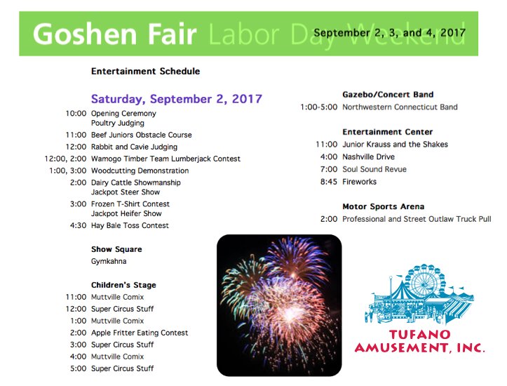 TufanoEvents's tweet photo. Start planning your #LaborDayWeekend fun at Goshen Fair and make sure to stay for #Fireworks !!
#TufanoEvents #FamilyFun #ConnecticutFairs https://t.co/pZnFyl3QEH