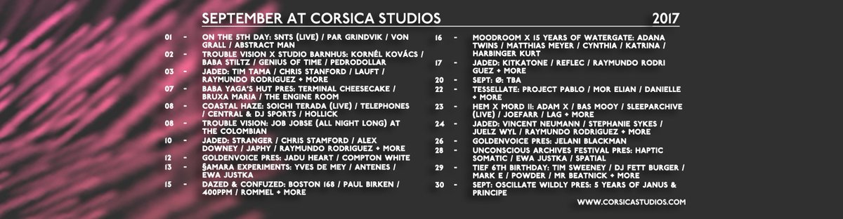 Corsica_Studios's tweet photo. September at Corsica Studios &amp; @ColombianSE17 
tickets &amp; more info ➜ https://t.co/9HpE69kkE3 https://t.co/b5YAFjA82L