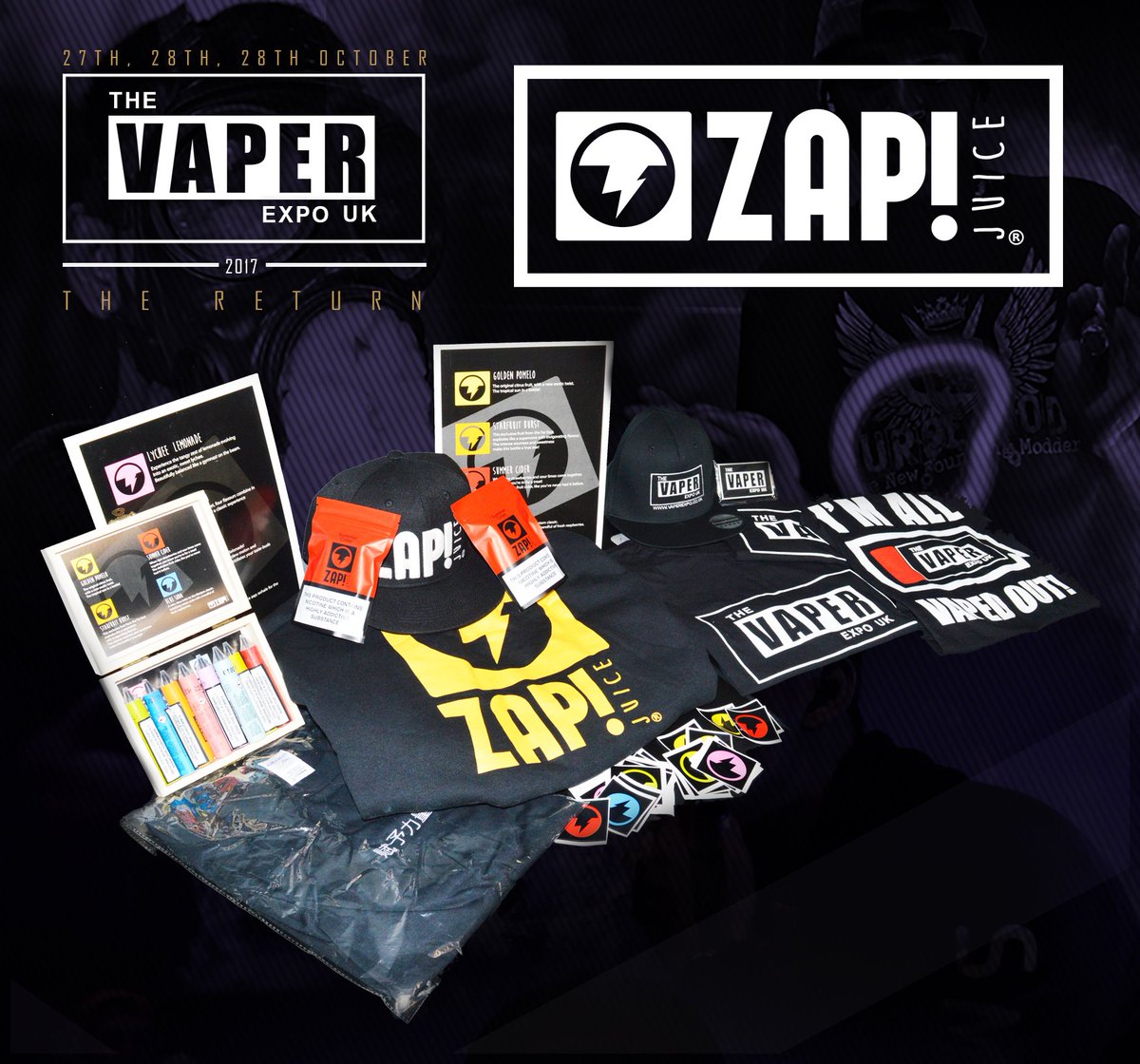 VaperExpoUK's tweet photo. Win all of this from @VaperExpoUK and @ZapJuice + VIP ticket to the show. Retweet to enter #vapelife #vape #vapecommunity #vaperexpo https://t.co/DaF6BjYC2Y