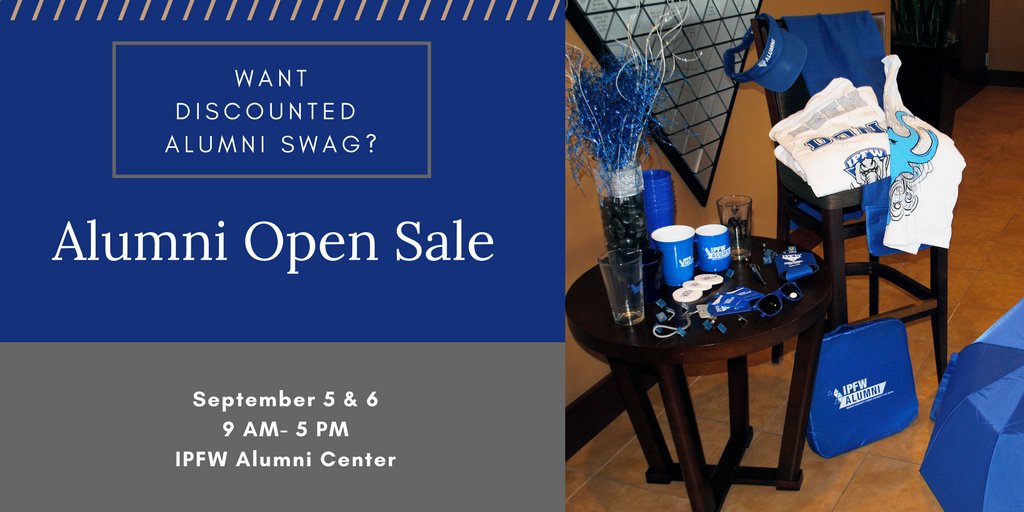 mastodonalumni's tweet photo. Are you looking for some alumni gear? Come visit us Tuesday and Wednesday (Sept 5 & 6)! We will be selling discounted items! #ipfwalumni https://t.co/GInFtWfwui