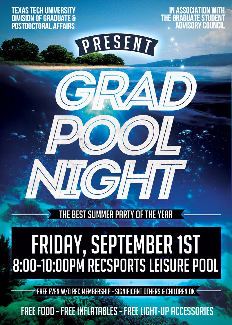 Tonight 8-10pm is the #GradPoolNight <a href="/tturecsports/">TTU Rec Sports - Now University Recreation!</a> Leisure Pool. Free food &amp; more. Children &amp; significant others invited  #GradWelcomeWeek