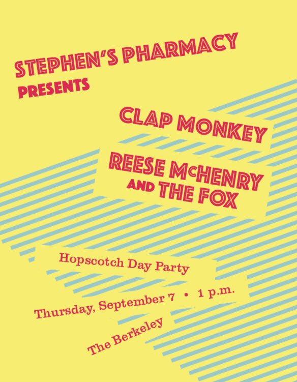 ClapMonkeyRock's tweet photo. #Hopscotch Day Party @Berkeleycafe Thurs 9/7/17 at 1pm w/ Stephen's Pharmacy, Clap Monkey, Reese McHenry &amp; the Fox #Raleigh https://t.co/1ImOYNYeMM