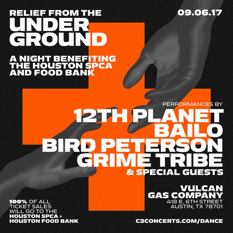 LiveNationATX's tweet photo. Relief from the Underground
@12thPlanet + @Bailobeatz + More!
100% Donated to Houston SPCA + Food Bank

Tickets: https://t.co/CIkyKAgHX1 https://t.co/ybzw9kVYTi