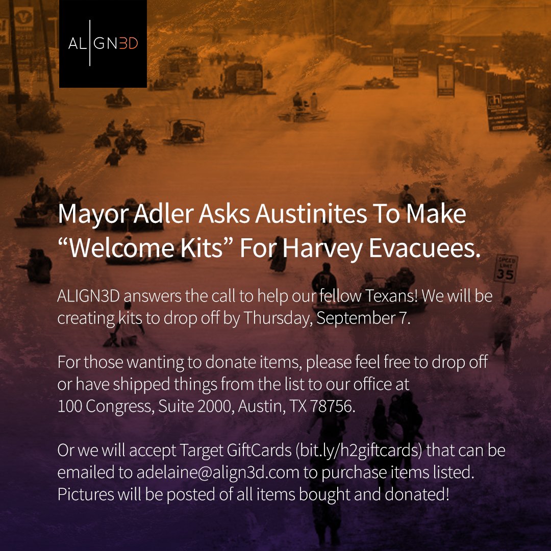 align3d's tweet photo. ALIGN3D answers the call to help our fellow Texans! We will be creating kits for #HurricaneHarvey evacuees. #HurricaneHarveyRelief https://t.co/nvwtevTSQx