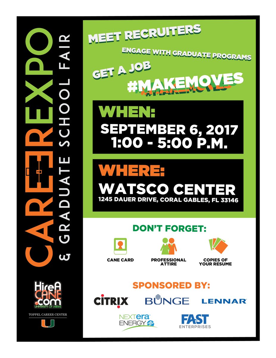 Toppel's tweet photo. Are you ready to #MakeMoves at the Fall Career Expo? RSVP on Handshake &amp; see what employers are attending https://t.co/8FfIO91416 #HireACane https://t.co/20Fq3HdNHF