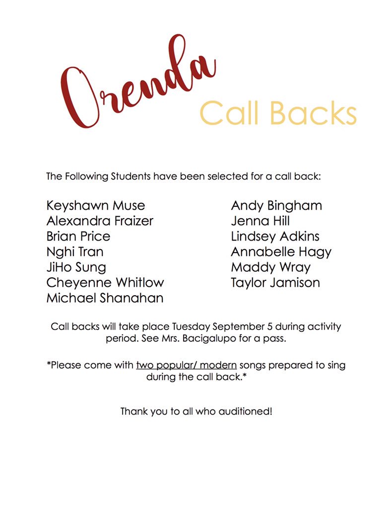 FCHS_choirs's tweet photo. Call backs for @orendafc have been posted. Thanks to everyone who came out! https://t.co/yZUa05MB9i