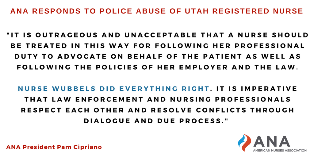 ANAPresident's tweet photo. Re: horrific Utah incident: @slcpd must conduct full investigation, make amends to Nurse Wubbels &amp; take action to prevent future abuses https://t.co/B22kH1ze42