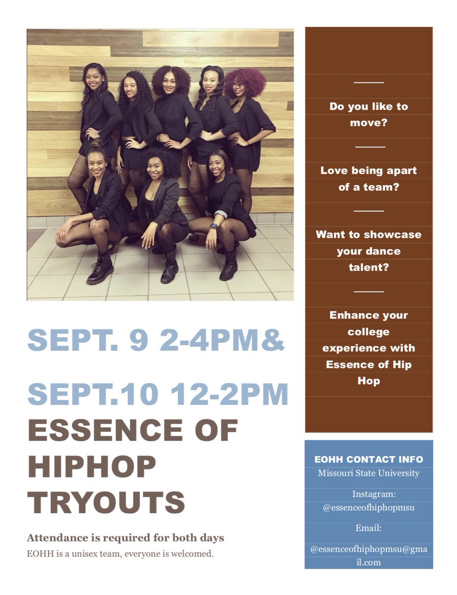 EssenceMSU's tweet photo. EOHH is holding tryouts NEXT WEEKEND Sept 9-10. Attendance is required BOTH days so please make arrangements to be there! See you all soon! https://t.co/grrjNoZ7wZ