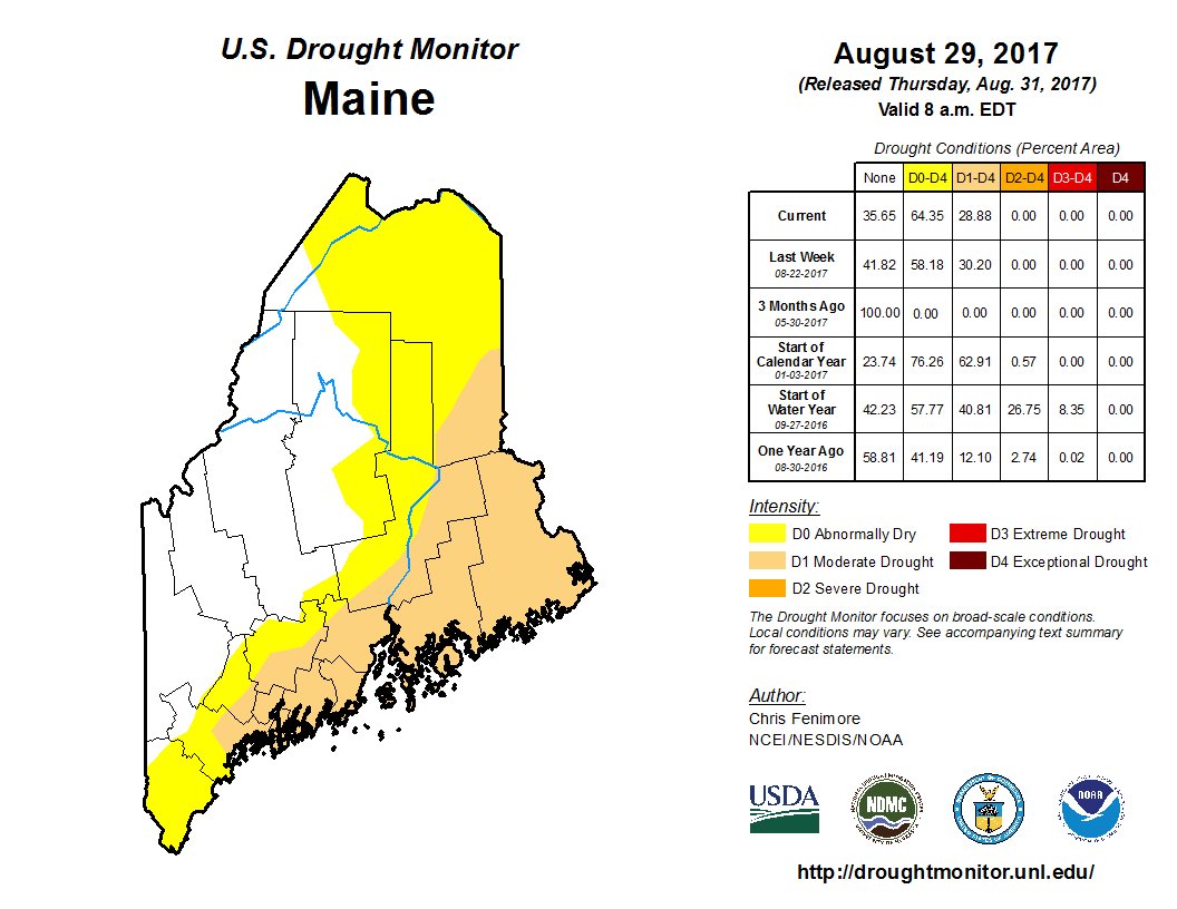 NOAANCEI's tweet photo. August 29: Abnormal dryness expanded slightly in central Maine #MEdrought https://t.co/hs7rCpQMsY #DroughtMonitor #MEwx https://t.co/zGYedyk0bV