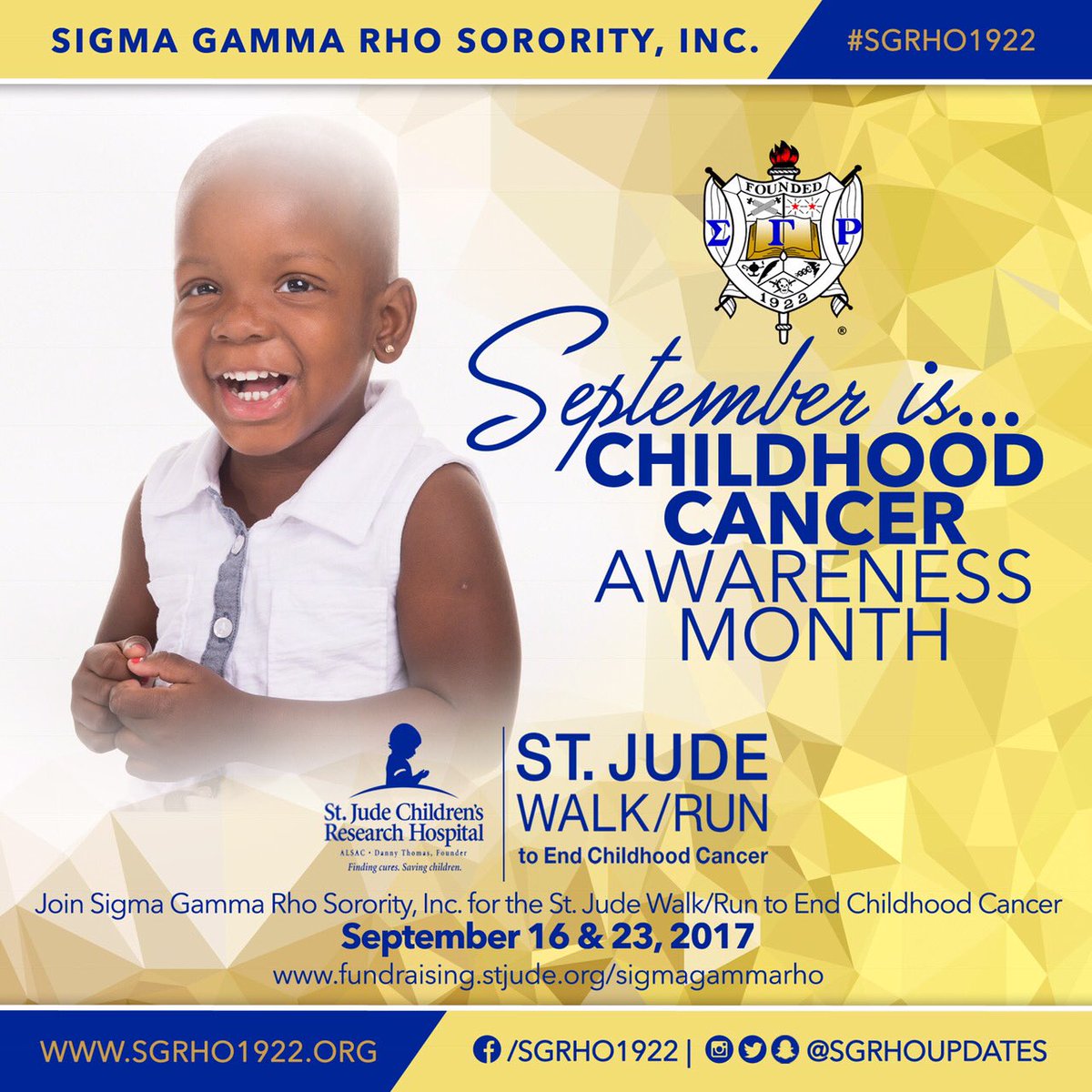 SGRho is in the fight to end childhood cancer!  Join the movement to save lives! #Sigmagammarho #StJudeWalk #SGRho1922
