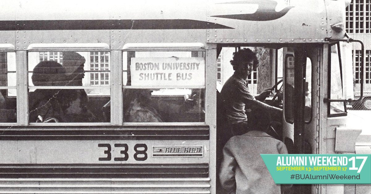 eiwhitehead's tweet photo. #TBT: All aboard! Let's take the BU Shuttle "back to the future" to #BUAlumniWeekend 2017  - https://t.co/kb9Gnoa5Hm https://t.co/SoqheDGX3u