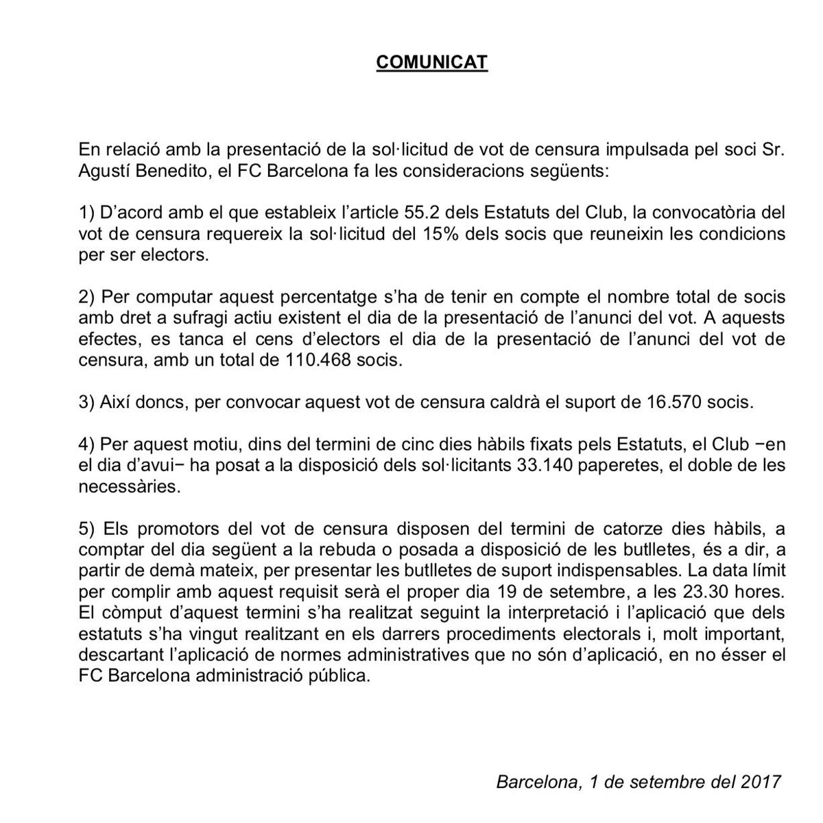 BarcaTimes's tweet photo. #CairoBarto | 
@FCBarcelona_cat release Press release on Vote of Censura. https://t.co/3gfaewTQXp