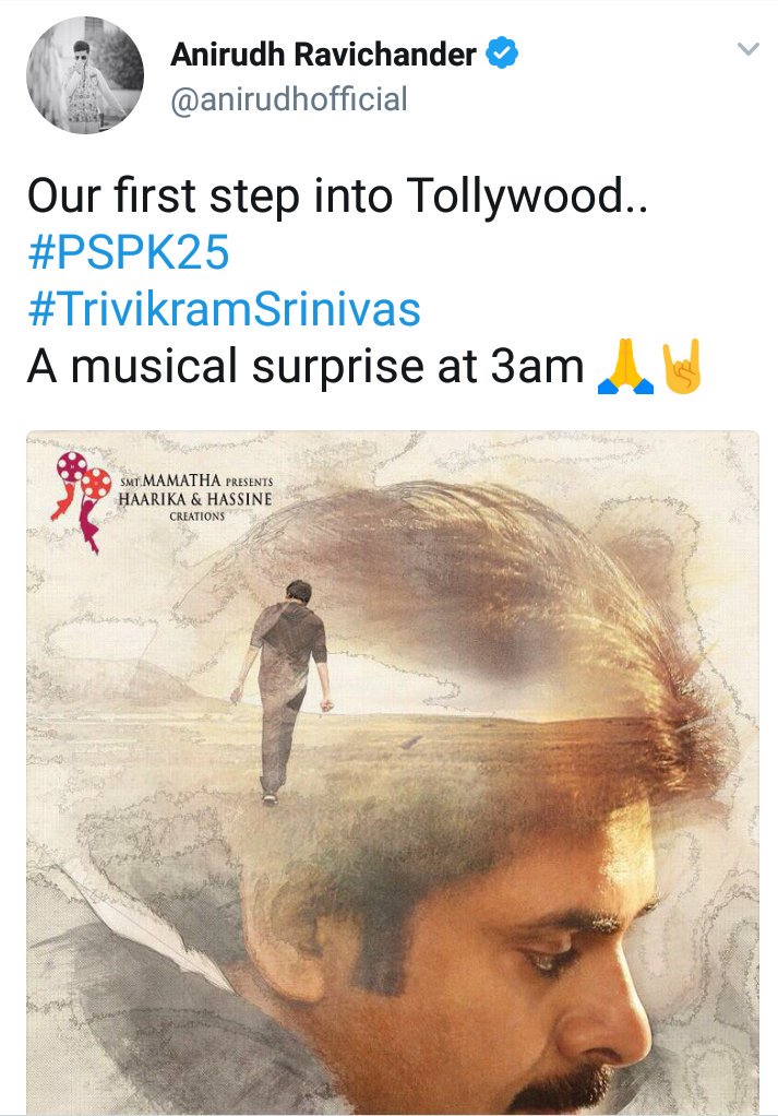 Anirudh_telugu's tweet photo. Get ready fans...musical suprise at 3am ๐ถ๐ค๐ #HBDpspk #PSPK25 #HBDPowerstar #PSPKOnTheWay #PSPK25firstlook #PSPKBdayWithHandloom https://t.co/tE3PwffpCQ