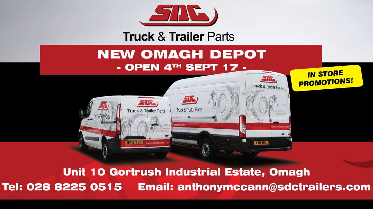SDCParts's tweet photo. Delighted to announce the opening of our new #Omagh depot on Mon 4th Sept, carrying our extensive range of 15,000 #Truck &amp; #Trailer Parts!! https://t.co/Acq4nxBRvV