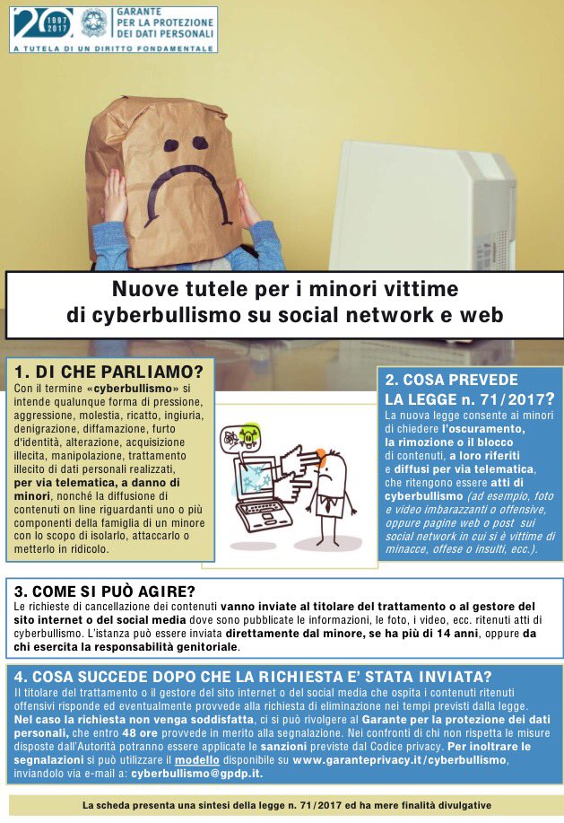 lara_motta's tweet photo. Come richiedere la rimozione di foto\post offensivi?Ecco la scheda del Garante della #Privacy che spiega ai ragazzi come fare #cyberbullismo https://t.co/7yJBsHp9tR