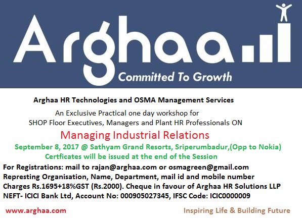 OneStopHrShop's tweet photo. Managing Industrial Relations. Sep 8, 2017, Sathyam Grand Resorts, Sriperumbadur https://t.co/NbKHKIPkfR