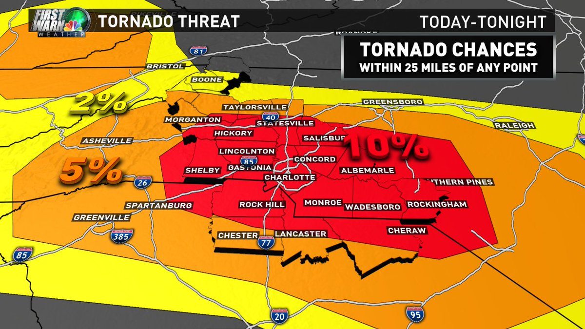 wxbrad's tweet image. Tornado threat has increased for this afternoon and evening. Highest threat is from 2pm-8pm. #cltwx #ncwx #scwx