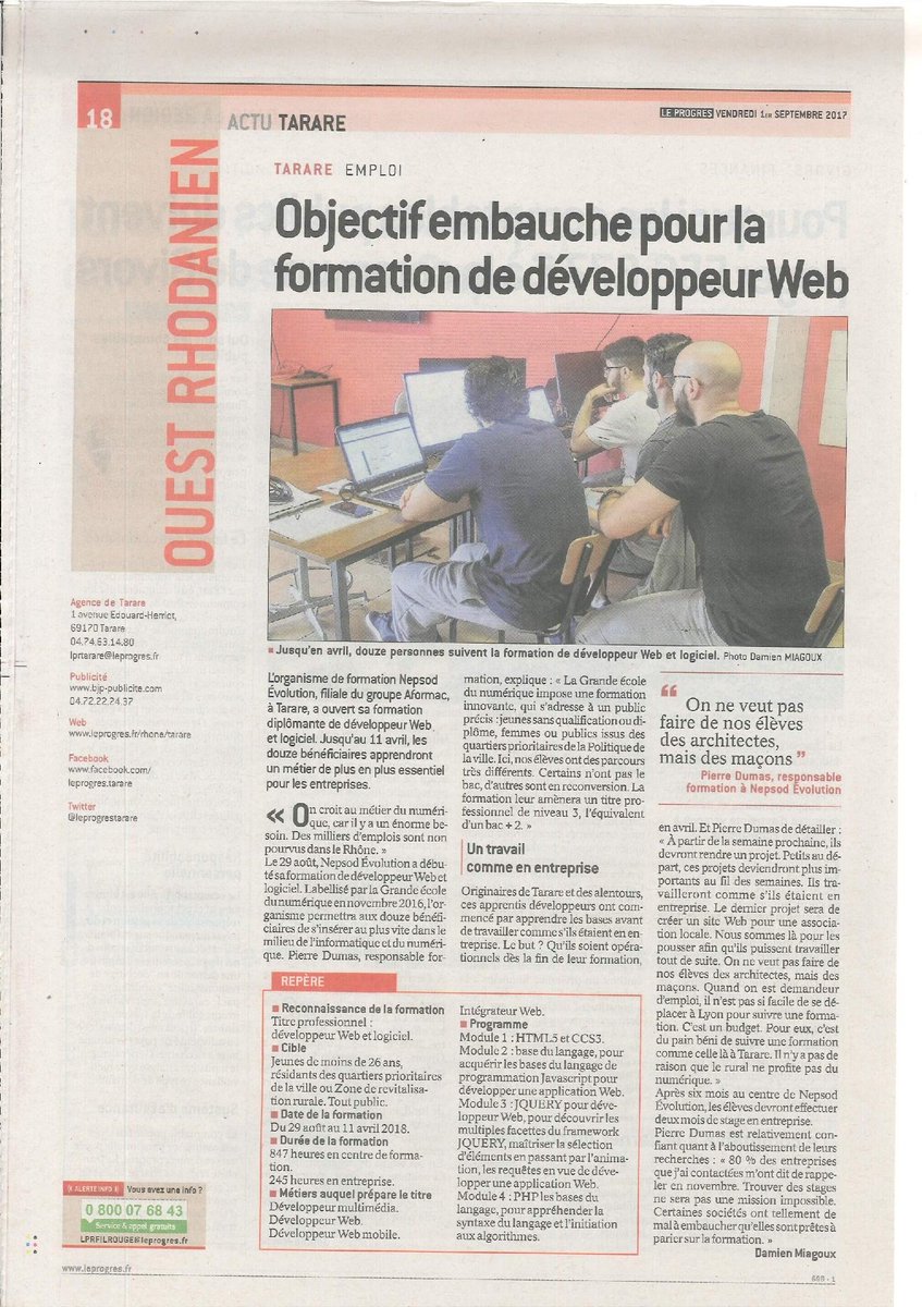 GroupeAFORMAC's tweet photo. Ouverture de notre formation diplômante Développeur Web/Logiciel à Tatare! La presse en parle! 

Merci #LeProgres https://t.co/5XMihrLrhA