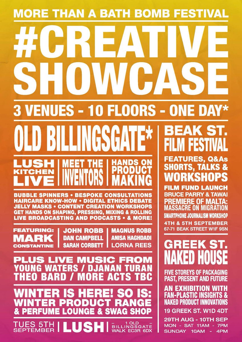 LushFr's tweet photo. Et voici le programme du #CreativeShowcase2017 qui se tiendra à Londres dans différents endroits de la capitale anglaise ! 🇬🇧 https://t.co/VCrjSPyzNF