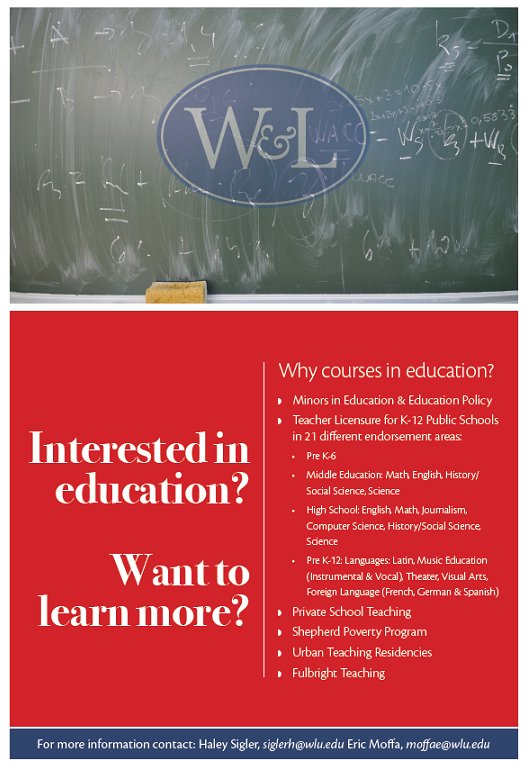 WLUEducation's tweet photo. Attention @wlufyoc Did you know W&amp;L offers Education and Education Policy minors? Come see our table at the Academic Fair Tuesday morning! https://t.co/qEajFDncAY