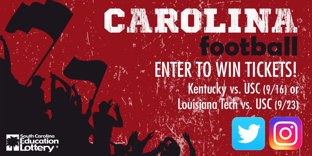 sclottery's tweet image. Win tickets to Kentucky vs USC (9/16) or Louisiana Tech vs USC (9/23). RT and FOLLOW @sclottery to enter!