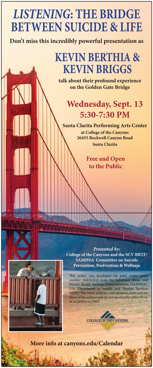 Bravo748 Speaker <a href="/PivotalPts/">Kevin Briggs</a> along w/ <a href="/KevinBerthia/">Kevin Berthia</a> 2 Speak @ Santa Clarita PAC on 9/13  bit.ly/SP-SantaClarita
<a href="/canyons/">College of the Canyons</a> #suicideprevention