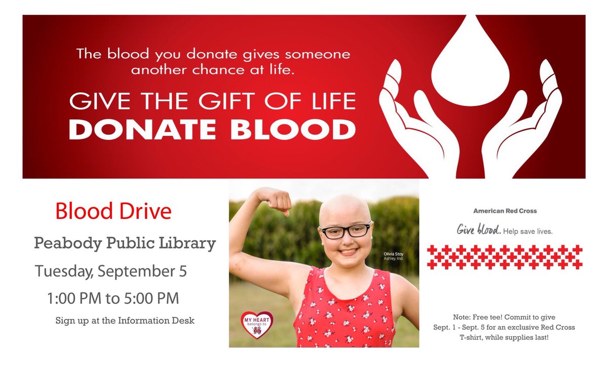 Peabody_Library's tweet photo. Give the gift of blood next Tuesday! Sign up here: https://t.co/4RtkvwJWPs @Indiana_Ohio #giveblood #WhitleyPPL https://t.co/nPaAOc4Z79