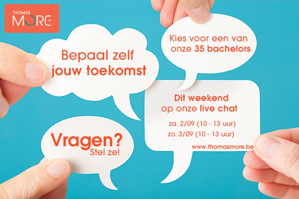 ThomasMoreBE's tweet photo. Hé studiekiezers! Vragen over een opleiding aan Thomas More? Stel ze DIT WEEKEND op onze website chat tss 10 &amp; 13u 👉 https://t.co/X1gUIZYorv https://t.co/hXQ1L5xVfx