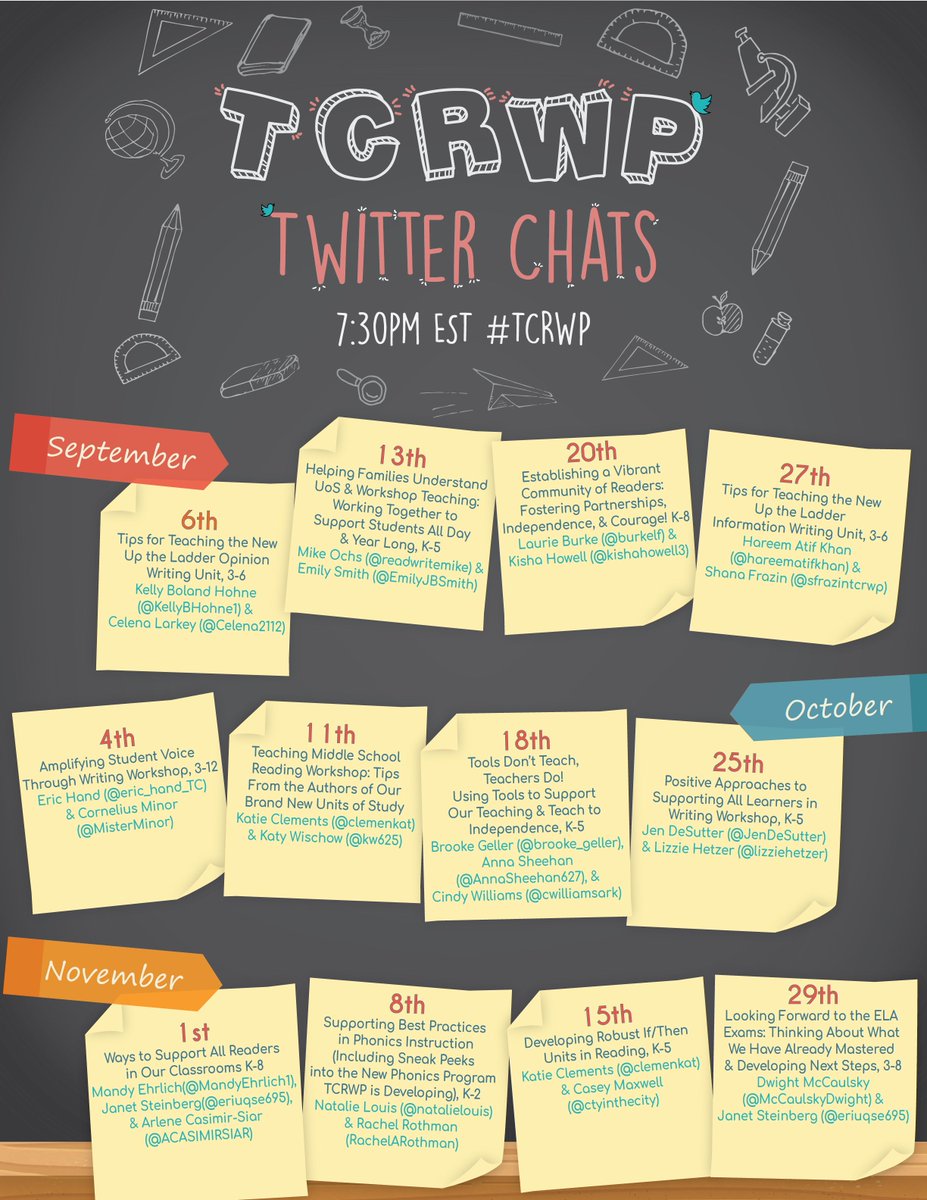 TCAdvancingLit's tweet photo. Join us for this fall's twitter chats on Wed.'s from 7:30 pm EST!  #TCRWP https://t.co/tjVAWI8rGd