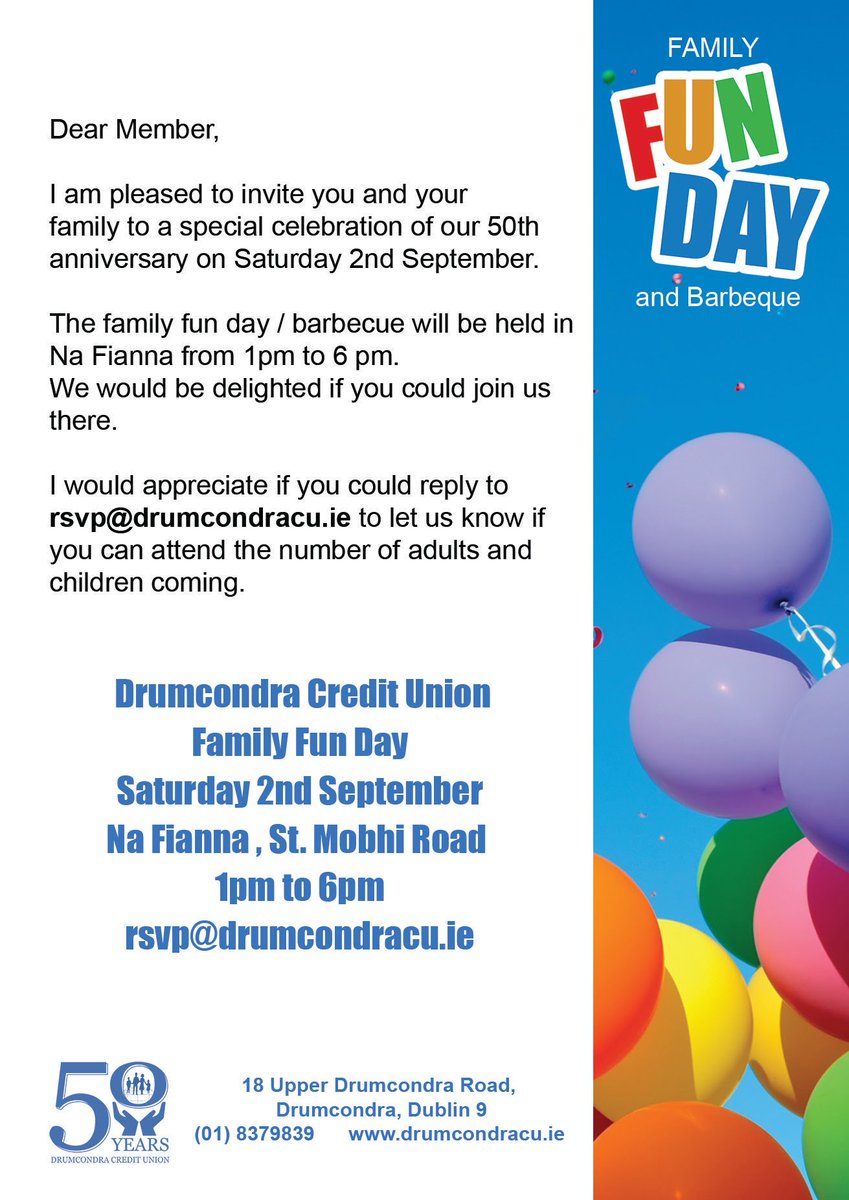 DrumcondraCu's tweet photo. 1 more day until our Family Fun Day! Details below! Come and help us celebrate 50 years of Drumcondra Credit Union! #CreditUnionFun https://t.co/zJWaUeKkIT
