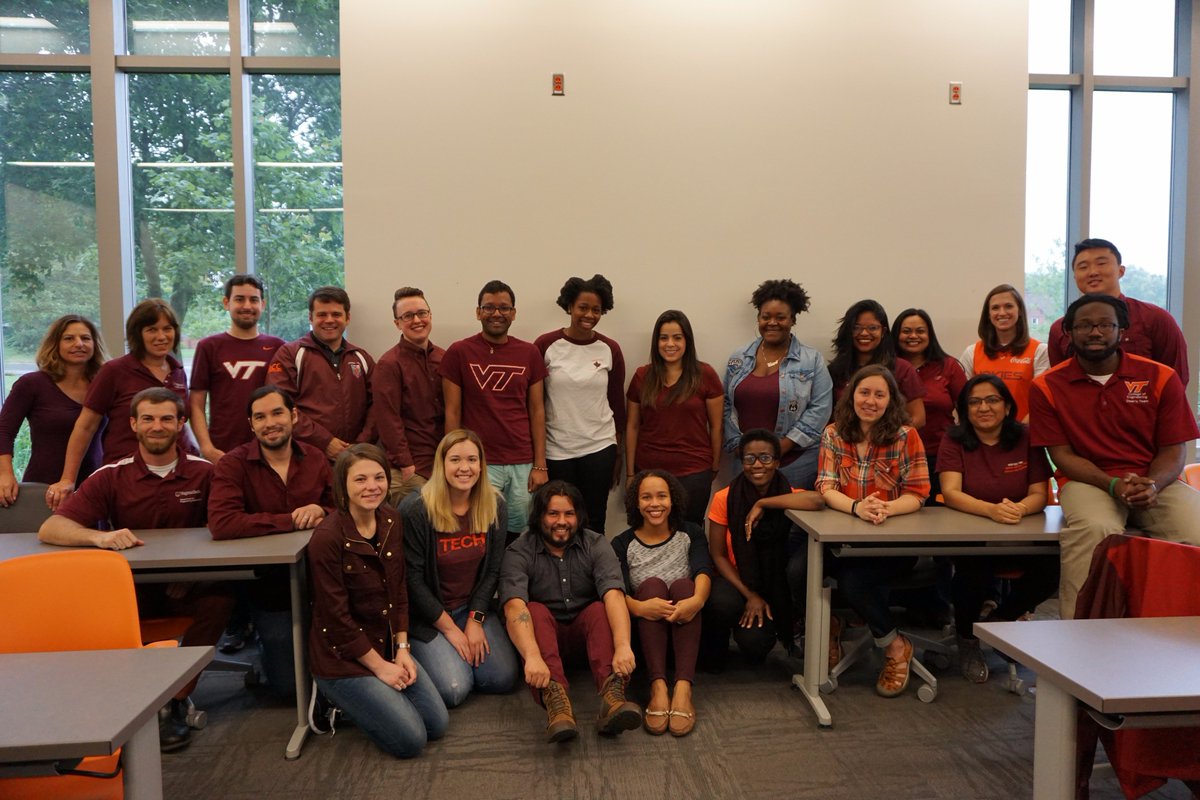vtenge's tweet photo. Drs. Walter Lee &amp; David Knight pose for College Colors Day with some of our graduate students in our #VTEngE Seminar class.  #UnitedWeFan https://t.co/RwfAEe9OFe
